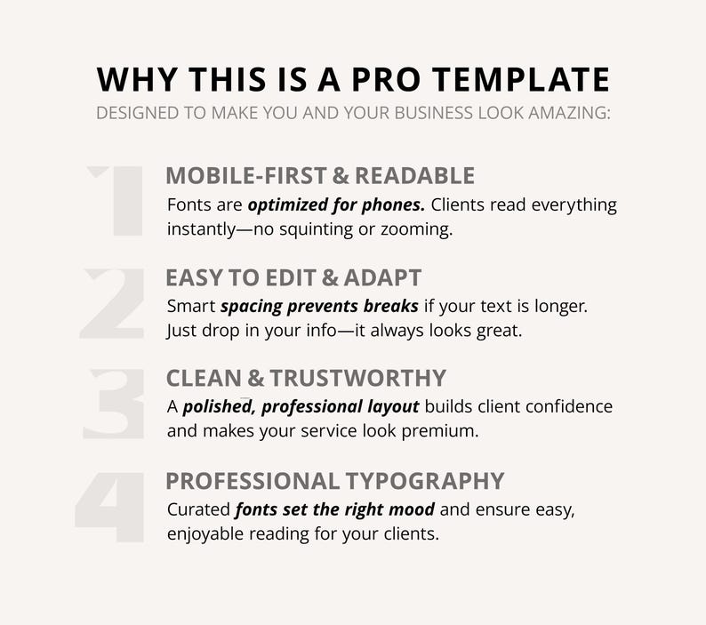 The image is a professional template designed to make you and your business look amazing. It features a clean and professional layout, optimized fonts for phones, and easy editing and adaptability. The template also includes a professional typography section that ensures the right mood and easy reading for your clients.