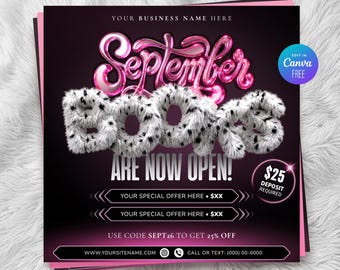 September Books Now Open Flyer Canva, Now Open September Booking Template, Hair Lash Nail Braid Makeup Beauty Stylist Fall Sale Flyer
