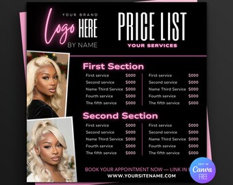Black Pink Price List Template Canva Editable, Beauty Salon Pricing Flyer, Instagram Price List, Lash Tech Hair Stylist Braider Wig Nail MUA