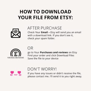 text that provides instructions on how to download a file from Etsy, including checking the email for an email attachment, going to the Purchases and Reviews page to find the order and click the Download Files button, and not worrying if there are any issues or if the file was not received.