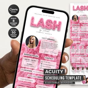 May include: A digital booking site template for a lash artist displayed on a smartphone screen. The design features a pink faux fur background, the text LASH by Ariana, a circular portrait, and sections for booking hours, contact, and services.