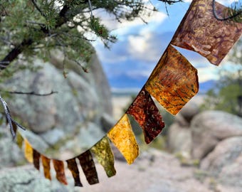 Earth-tone and golden Prayer Flags for Garden, Boho leafy decor, Sobriety gifts, Hippie Style decor, Indoor Outdoor prayer flags