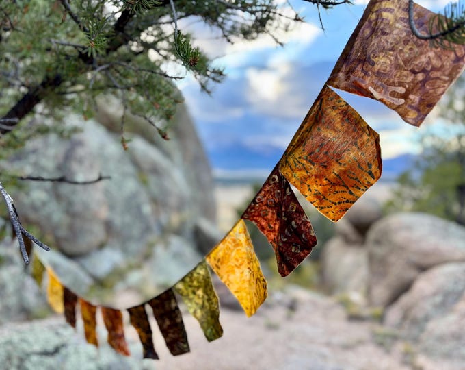 Earth-tone and golden Prayer Flags for Garden, Boho leafy decor, Sobriety gifts, Hippie Style decor, Indoor Outdoor prayer flags