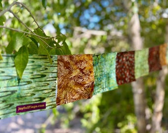 Earthy green and brown Prayer Flags for Garden, Boho decor, Earthy Leaf Fabric flags, Hippie Style decor, Indoor Outdoor prayer flags, 6ft.
