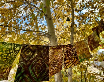 Earth-tone geometric Prayer Flags for Garden, Boho leafy decor, Sobriety gift, Hippie Style decor, Indoor Outdoor prayer flags