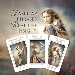 以下が含まれることがあります： 「Familiar Phrases Real-Life Insight」と題されたオラクルカードデッキ。手前に3枚のカードが並べられており、犬、サイコロをジャグリングする人物、2頭の馬を連れた人物のイラストと、それぞれのテキストが描かれています。