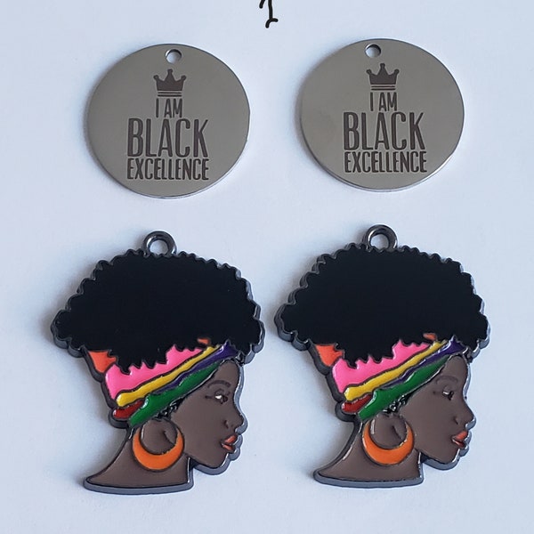 Sale 2-4pcs of Stainless Steel laser Engraved, exclusive designs, mirror finished statement " I am Black Excellence", Enamel paint pendants