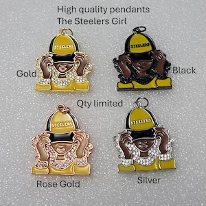 May include: Four pendant options: gold, black, rose gold, and silver. Each pendant features a stylized figure wearing a yellow and black hat with the word "STEELERS". The figure is holding the hat with both hands. The pendants are embellished with rhinestones.