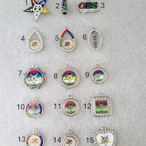 Sale charms of Order of Eastern Star, many beautiful designs made with enamel paint, CZ color stones inlay.
