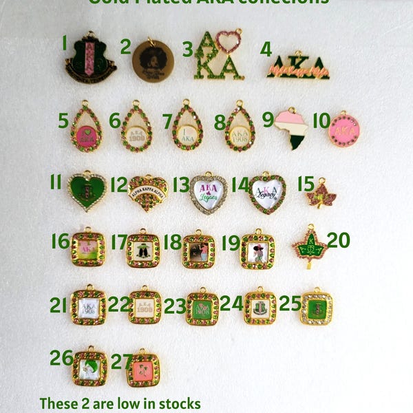 Gold Plated AKA Sorority Charms, Sale from 2-4pcs, made with Enamel paint & Stone Inlay