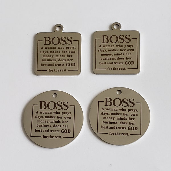 Sale 2-4pcs of Stainless Steel laser Engraved statement " Boss woman who prays, slays, makes her own money", Afro Lady Enamel paint pendants