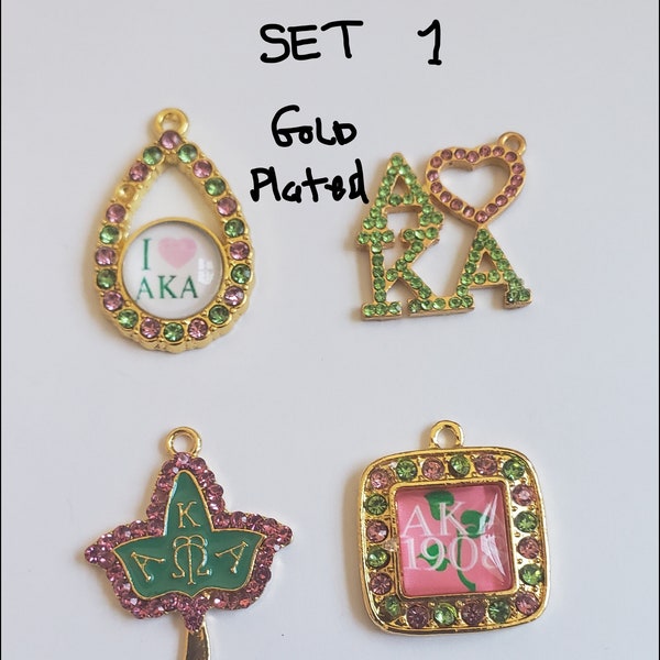 Sale 4pcs Beautiful, good quality, GOLD Plated charms of AKA Sorority sisterhood service, many styles with enamel paint, glass, Stones inlay