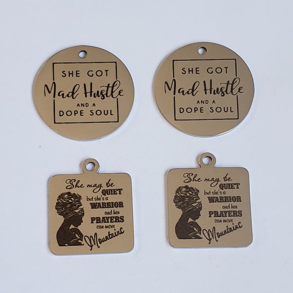 Engraved Stainless Steel Charms: Hustle, Warrior, Enamel Pendant