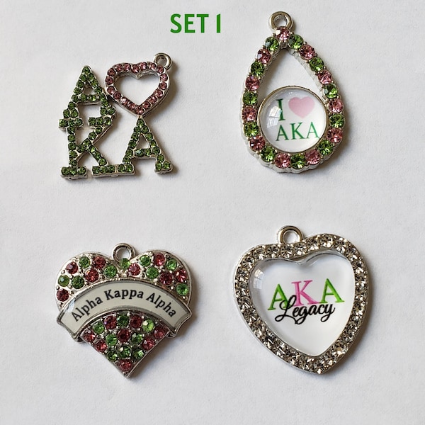 AKA Sorority Charms, Sisterhood Jewelry, Silver tone base, Enamel & Rhinestone inlay ( set of 4pcs)
