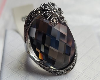 Saldi, nuovo anello da cocktail alla moda con grande pietra di cristallo autentico, design bello e unico, placcato in platino
