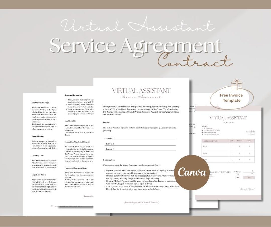Virtual Assistant Service Agreement Contract & Invoice Template - Etsy