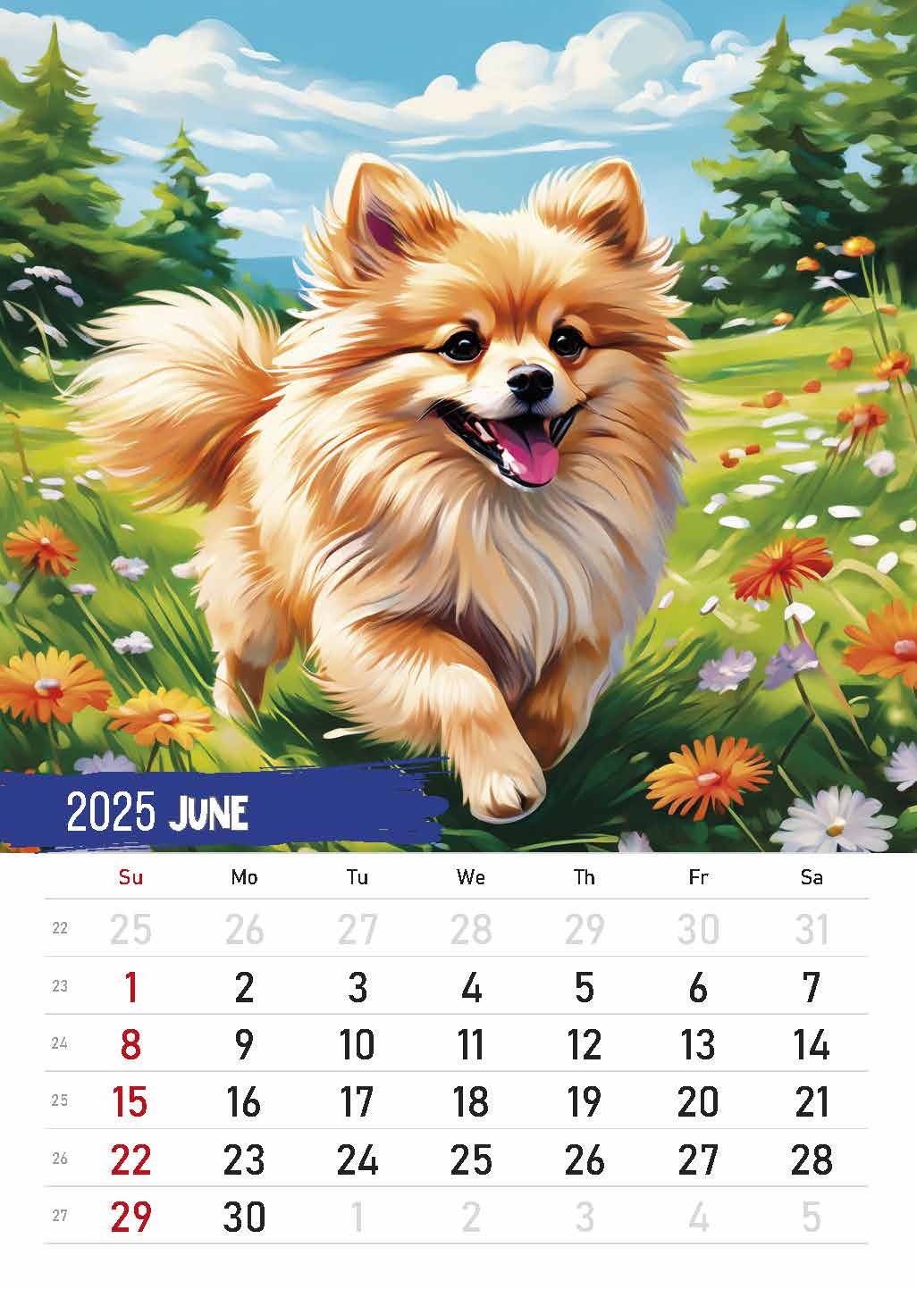 Printable Calendar 2025 Pomeranian Spitz 2025. Calendar Layout in A3