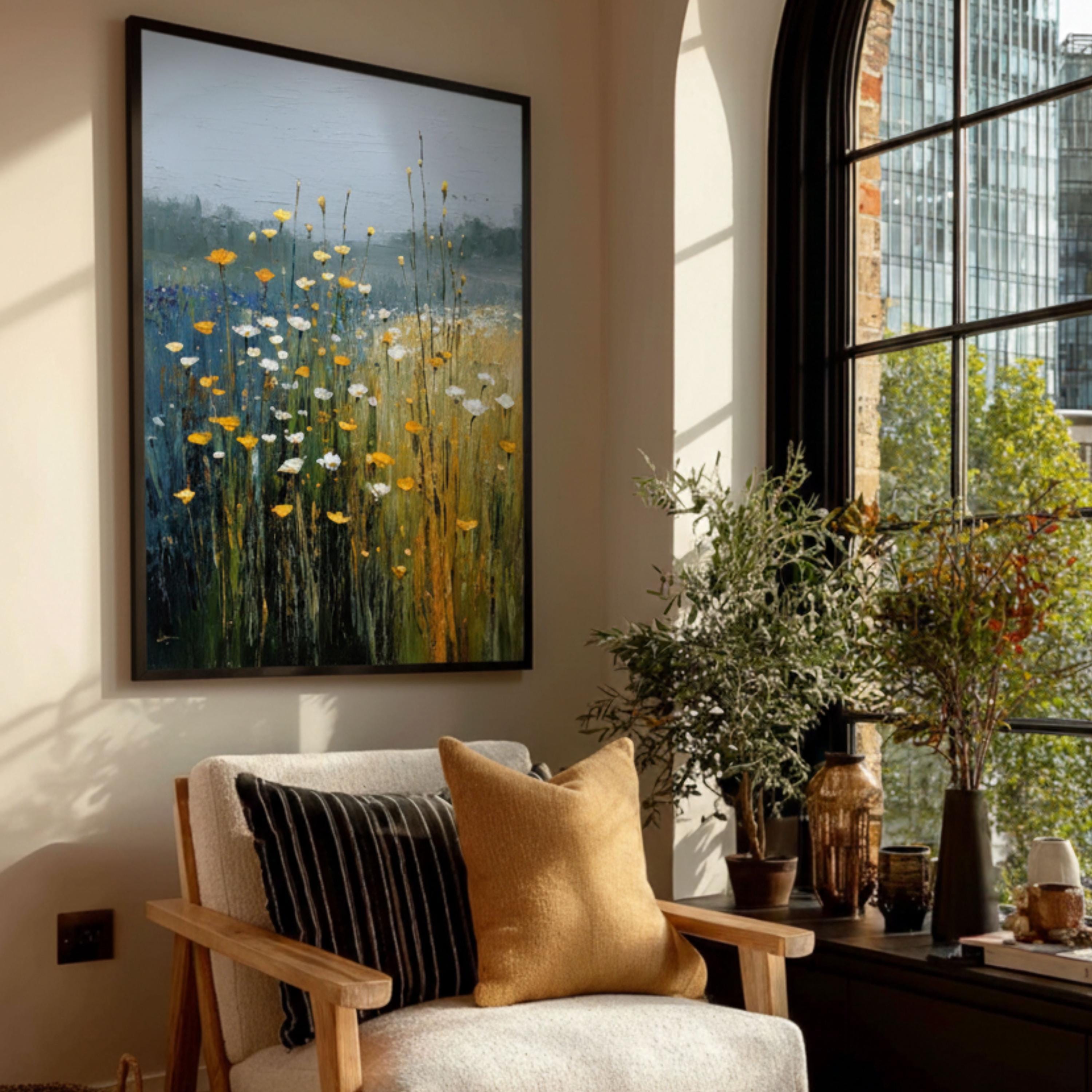 Botanical Art Yellow Blue Print: Muted Color Field of Flowers Wall ...