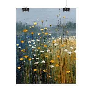 Botanical Art Yellow Blue Print: Muted Color Field of Flowers Wall ...