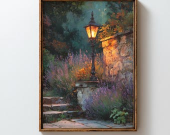 Garden Lantern Art, Lavender Print, Rustic Cozy Decor