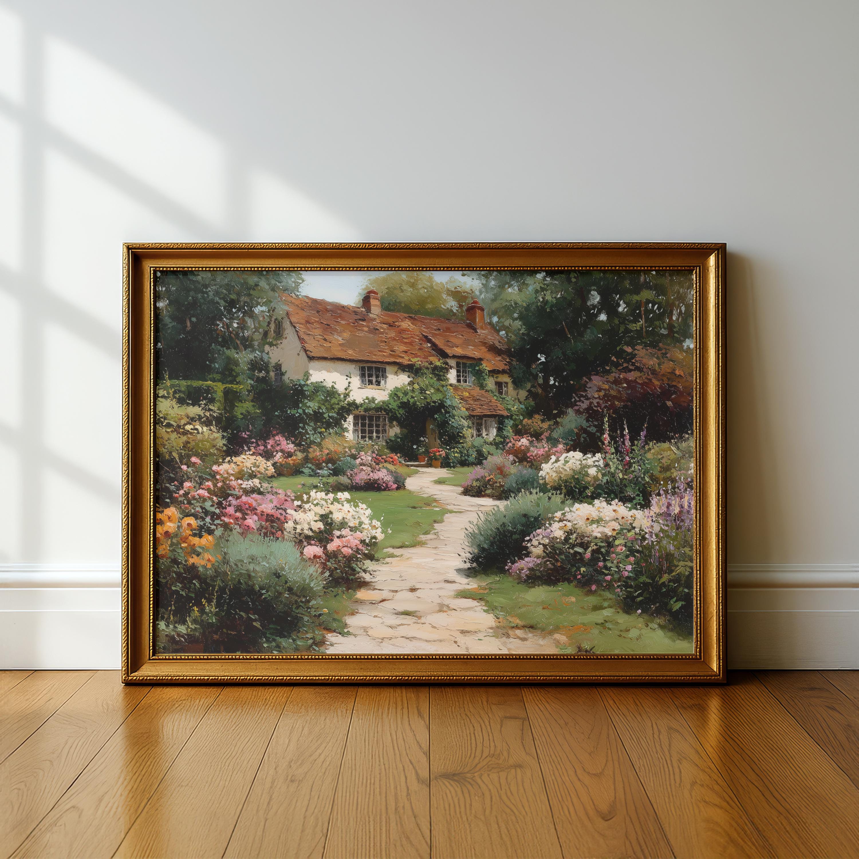 Country Cottage Canvas Wall Print, Vintage Floral Pathway Wall Art - Etsy