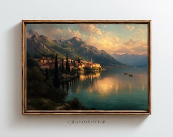 Lake Painting Print, Italian Villa Coastal Decor, Romantic Wall