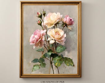 Pink Rose Wall Art Print, Romantic Floral Canvas, Vintage Botanical Decor