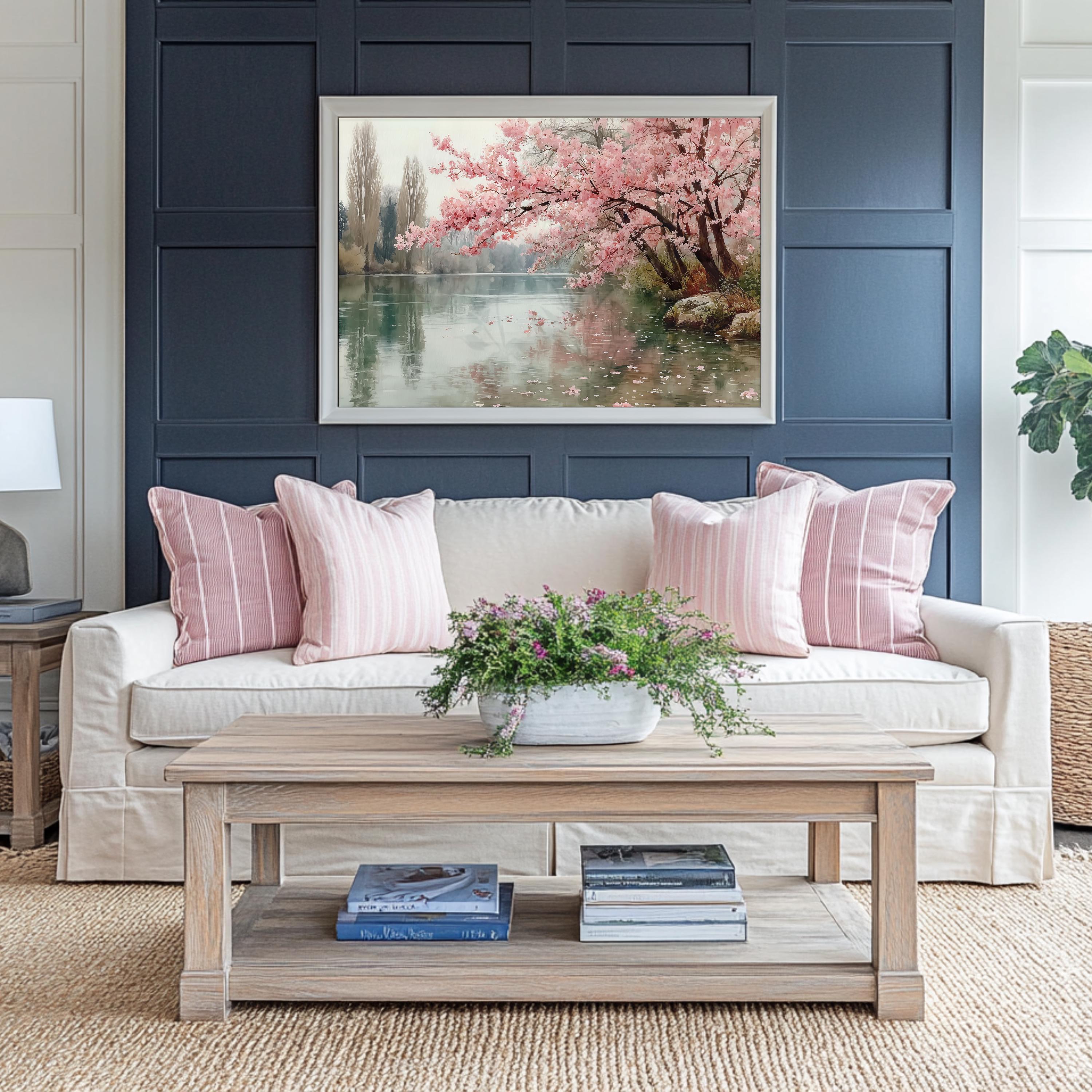 Cherry Blossom Lake Wall Art, Pink Spring Landscape Print, Calm Nature ...