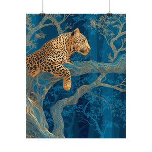 Leopard Wall Art, Blue Jungle Print, Gold Botanical Safari Canvas