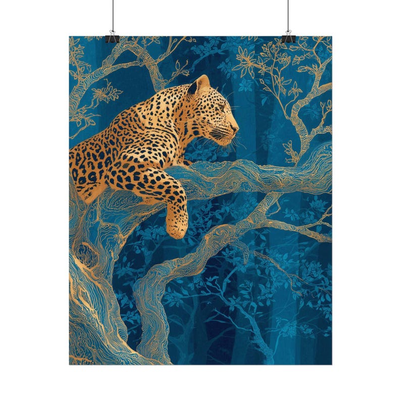 Leopard Wall Art, Blue Jungle Print, Gold Botanical Safari Canvas