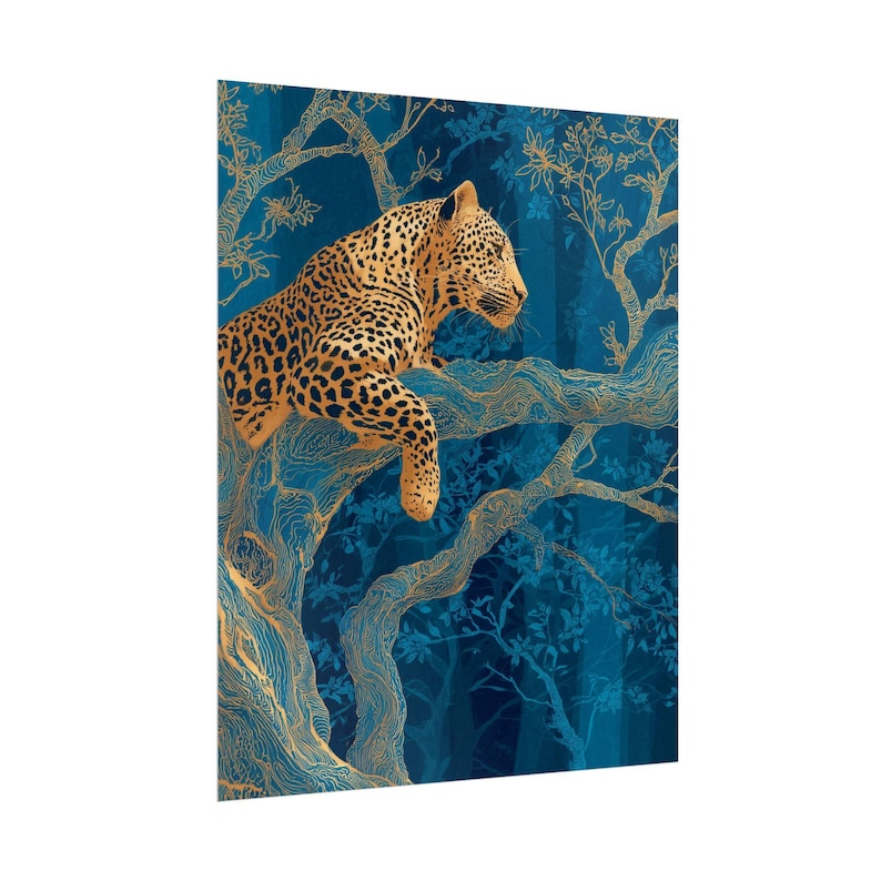 Leopard Wall Art, Blue Jungle Print, Gold Botanical Safari Canvas