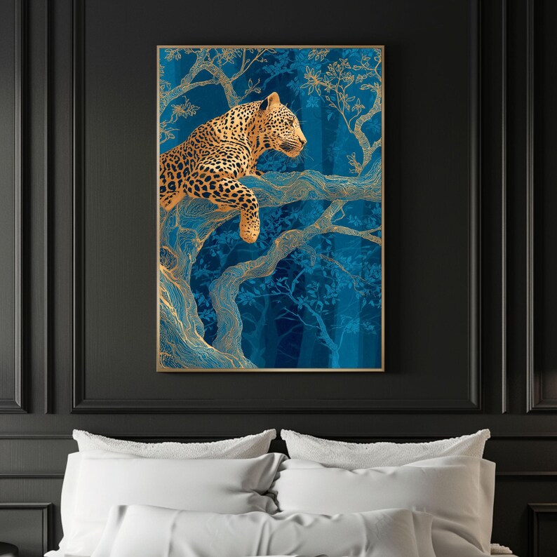 Leopard Wall Art, Blue Jungle Print, Gold Botanical Safari Canvas