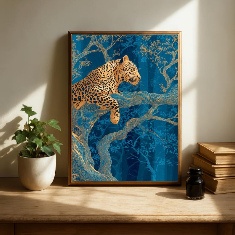 Leopard Wall Art, Blue Jungle Print, Gold Botanical Safari Canvas