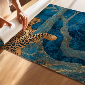 Leopard Wall Art, Blue Jungle Print, Gold Botanical Safari Canvas