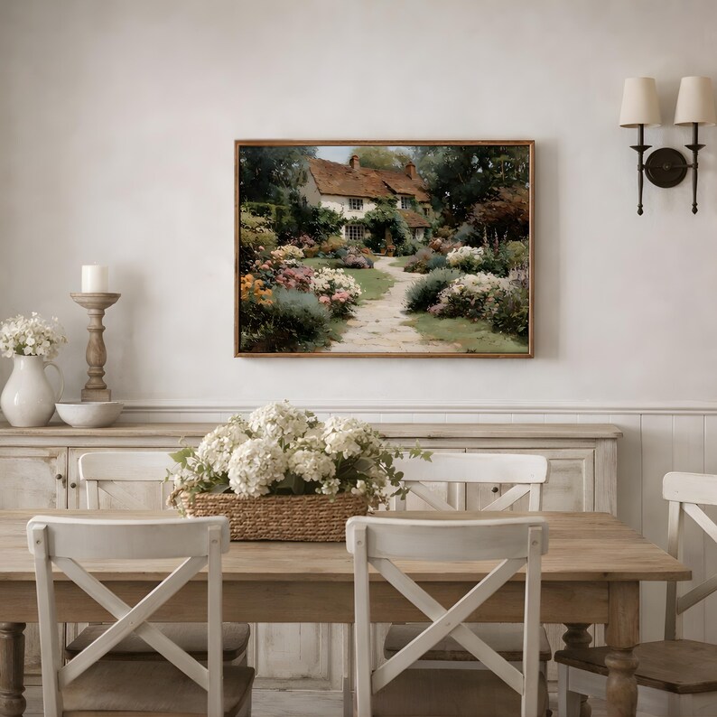 Country Cottage Canvas Wall Print, Vintage Floral Pathway Wall Art - Etsy