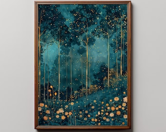 Enchanted Forest Wall Art, Teal Woodland Print, Gold Firefly Canvas Decor