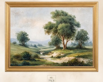 Vintage Green Meadow Wall Art, Antique Landscape Painting, Moody Green Countryside Print
