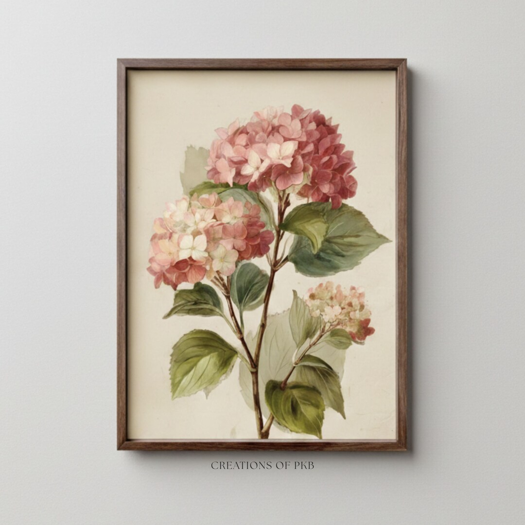 Vintage Hydrangea Print, Pink Floral Botanical Art, Cottagecore Wall ...