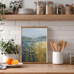 Botanical Art Yellow Blue Print: Muted Color Field of Flowers Wall ...