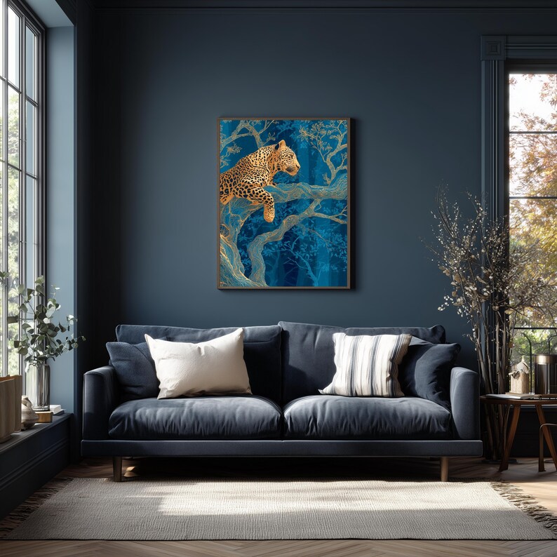 Leopard Wall Art, Blue Jungle Print, Gold Botanical Safari Canvas
