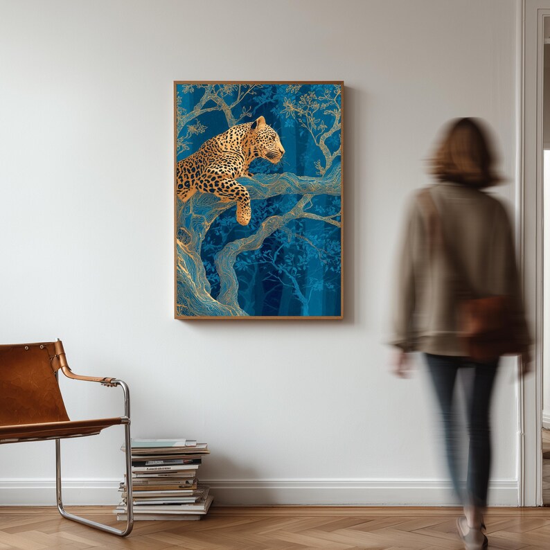 Leopard Wall Art, Blue Jungle Print, Gold Botanical Safari Canvas