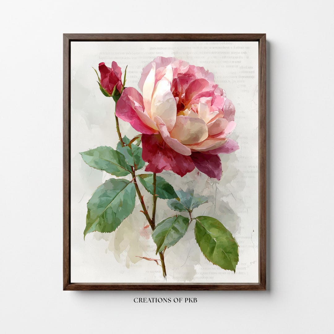 Vintage Rose Botanical Art Print, Watercolor Floral Wall Decor - Etsy