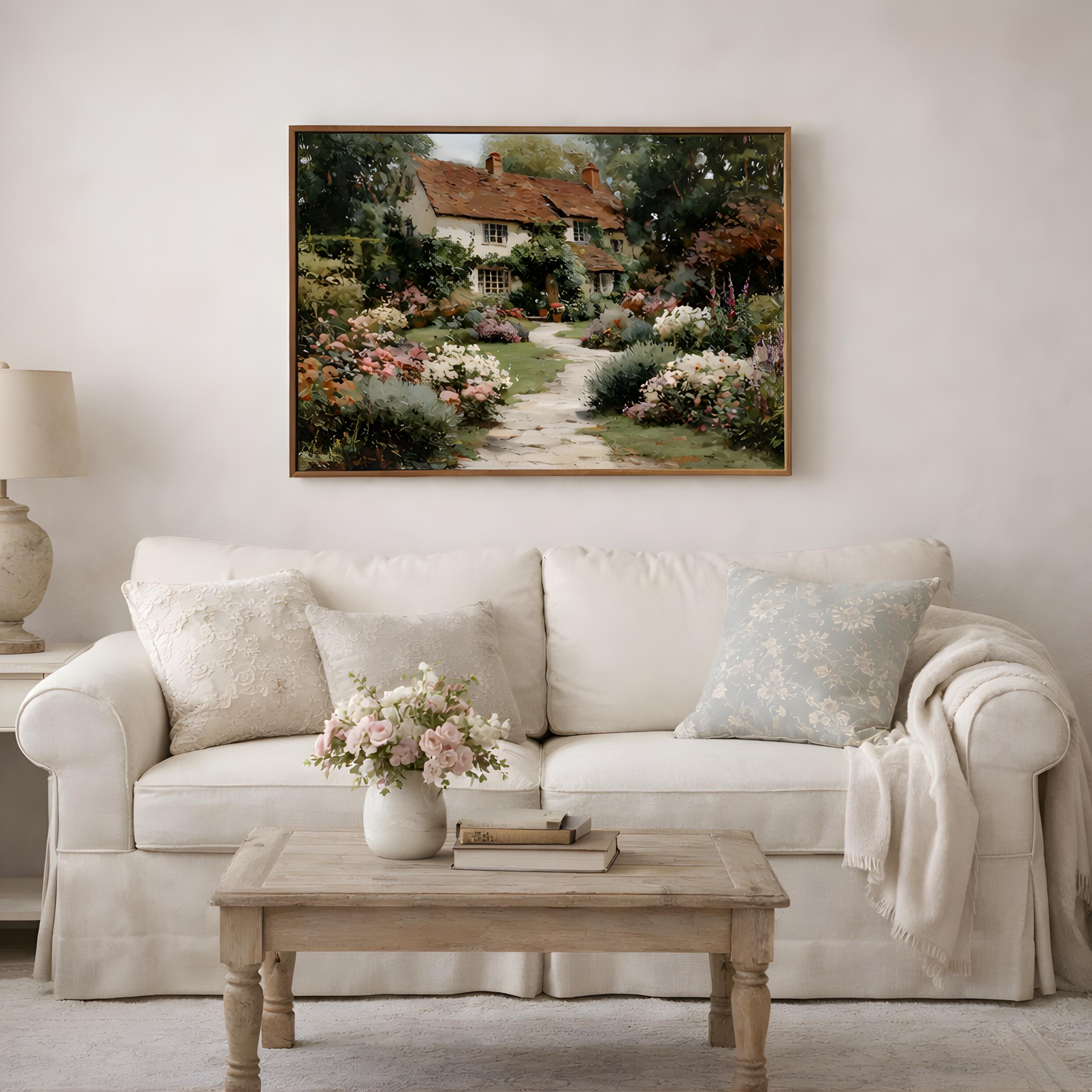 Country Cottage Canvas Wall Print, Vintage Floral Pathway Wall Art - Etsy