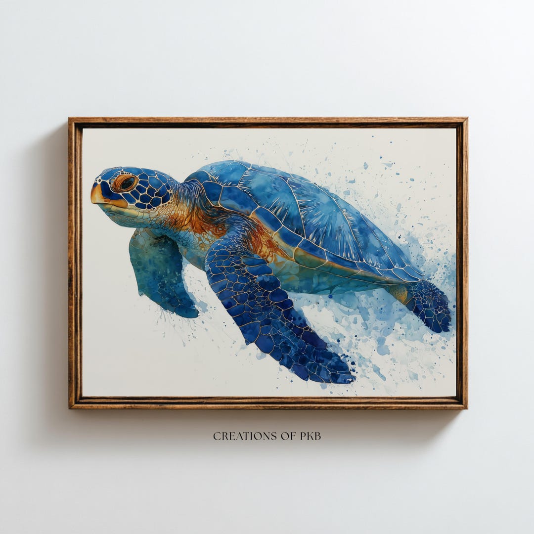 Blue Sea Turtle Wall Art Print or Framed Canvas | Coastal Ocean Decor ...