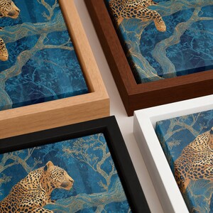 Leopard Wall Art, Blue Jungle Print, Gold Botanical Safari Canvas
