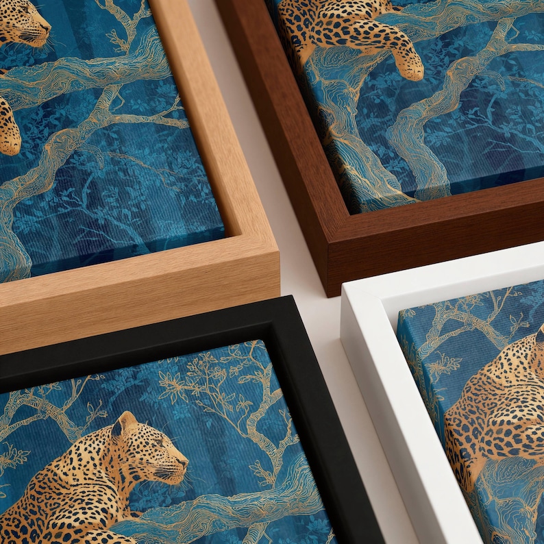 Leopard Wall Art, Blue Jungle Print, Gold Botanical Safari Canvas