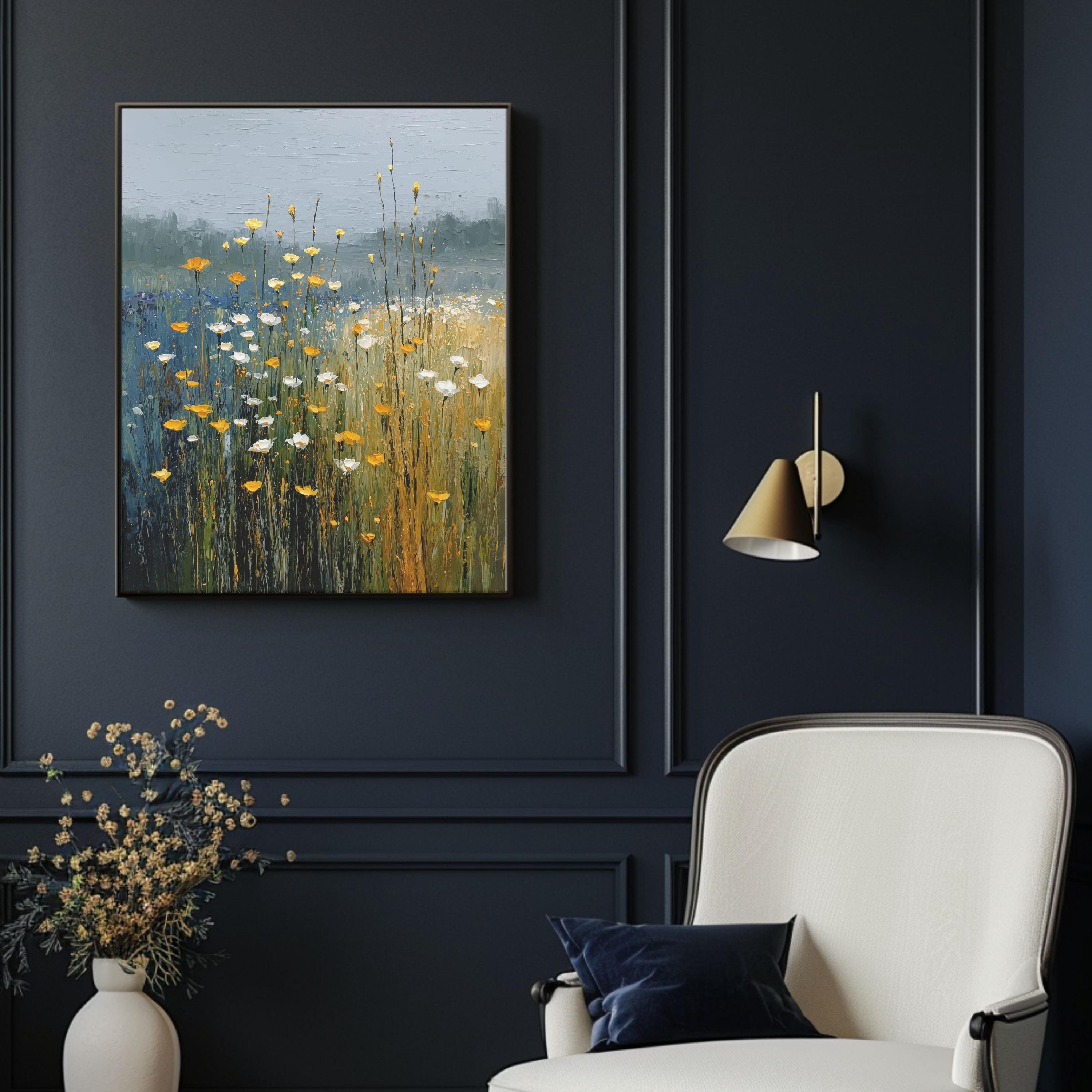 Botanical Art Yellow Blue Print: Muted Color Field of Flowers Wall ...