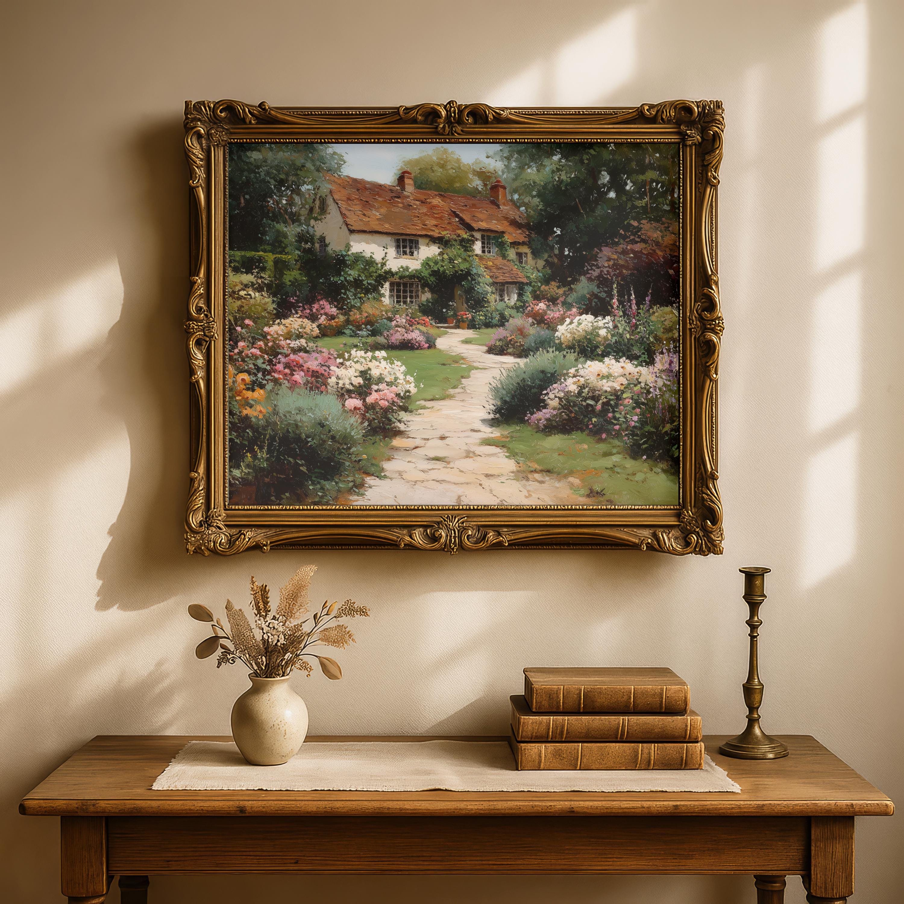Country Cottage Canvas Wall Print, Vintage Floral Pathway Wall Art - Etsy