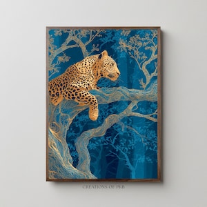 Leopard Wall Art, Blue Jungle Print, Gold Botanical Safari Canvas