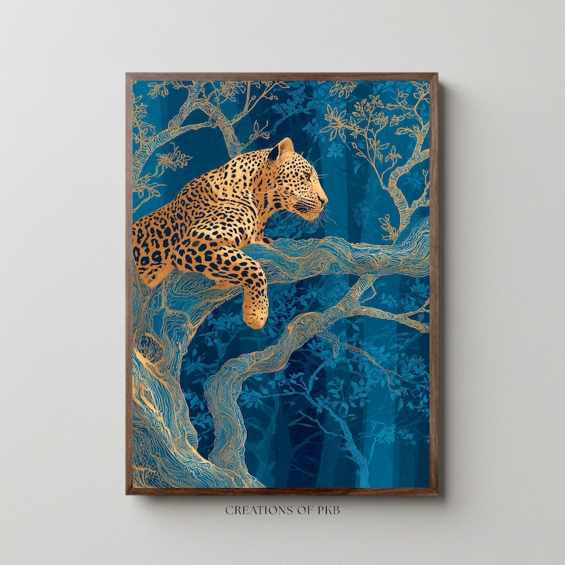 Leopard Wall Art, Blue Jungle Print, Gold Botanical Safari Canvas